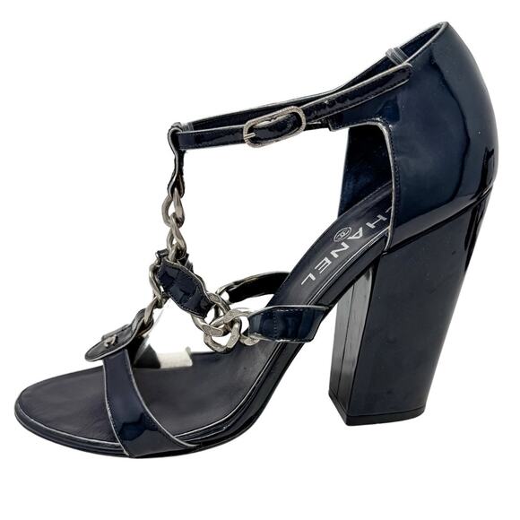 CHANEL Shoes - Chanel Patent & CC Logo Chain Link Navy Silver Block Heel Sandals size 39.5